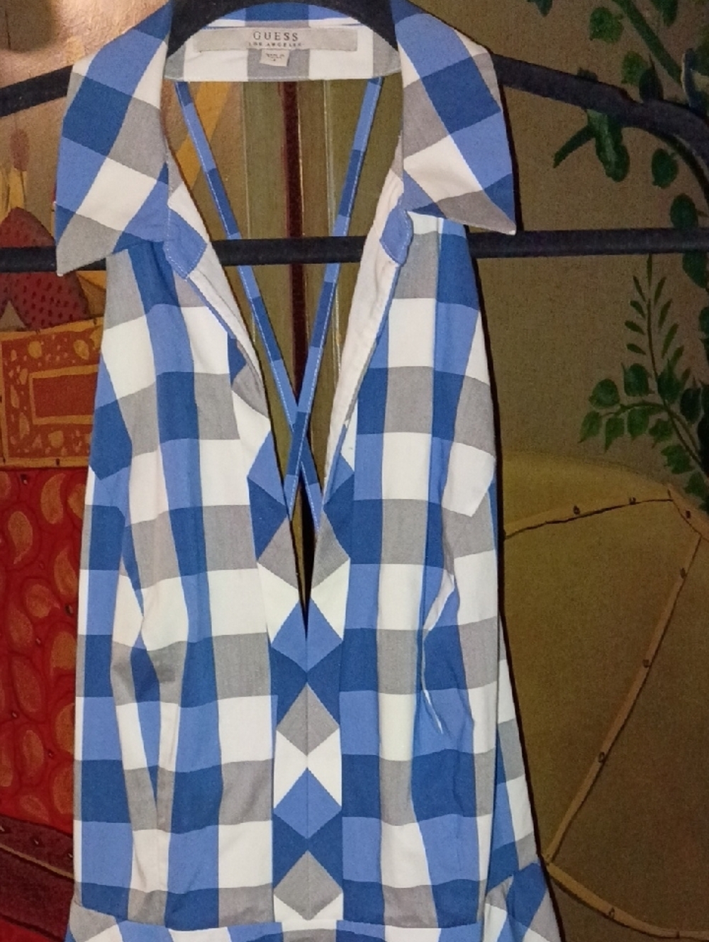 Guess Blue and White Gingham Halter Fit-and-Flare Dress - Picture 3 of 8